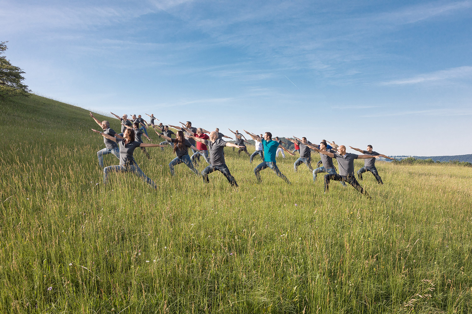 MBA team in meditative pose on a meadow