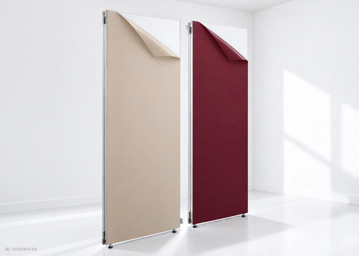 Zwei Mila-wall Module, eines beige, eines weinrot foliert; an der oberen Ecke ist die Folie jeweils ein Stück abgezogen