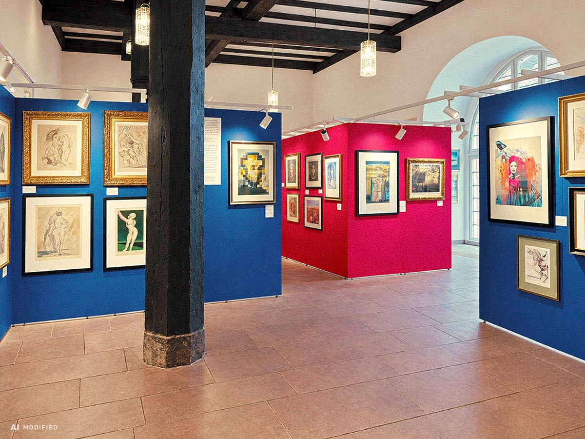 Dalí-Ausstellung im Brüder-Grimm-Haus Steinau: gerahmte Grafiken auf blau und rot folierten Mila-wall Wänden